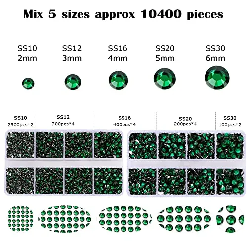 10400PCS Emerald Resin Flat Back Rhinestones, Round Non-Hotfix Jelly Nail Gems Rhinestone with Tweezer and Picker Pencil for Crafts Tumblers Nail Art & DIY Decoration