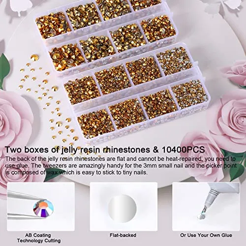 10400PCS Gold Rhinestones, Jelly Resin Rhinestones for Nails, Flatback Non Hotfix Crystals DIY Rhinestones for Crafts with 15 cm Pencil Sharpener and Tweezer & Picker Pen (Gold)