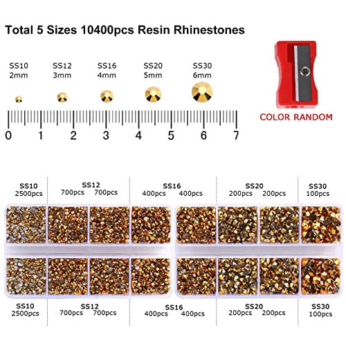 10400PCS Gold Rhinestones, Jelly Resin Rhinestones for Nails, Flatback Non Hotfix Crystals DIY Rhinestones for Crafts with 15 cm Pencil Sharpener and Tweezer & Picker Pen (Gold)