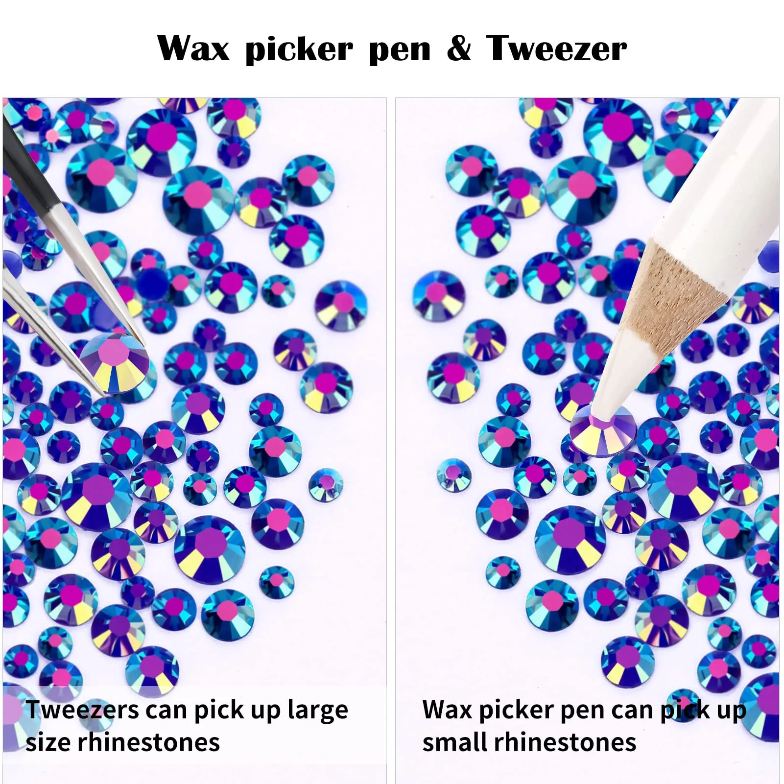 10400PCS Royal Blue AB Resin Flat Back Rhinestones, Round Non-Hotfix Jelly Nail Gems Rhinestone with Tweezer and Picker Pencil for Crafts Tumblers Nail Art & DIY Decoration