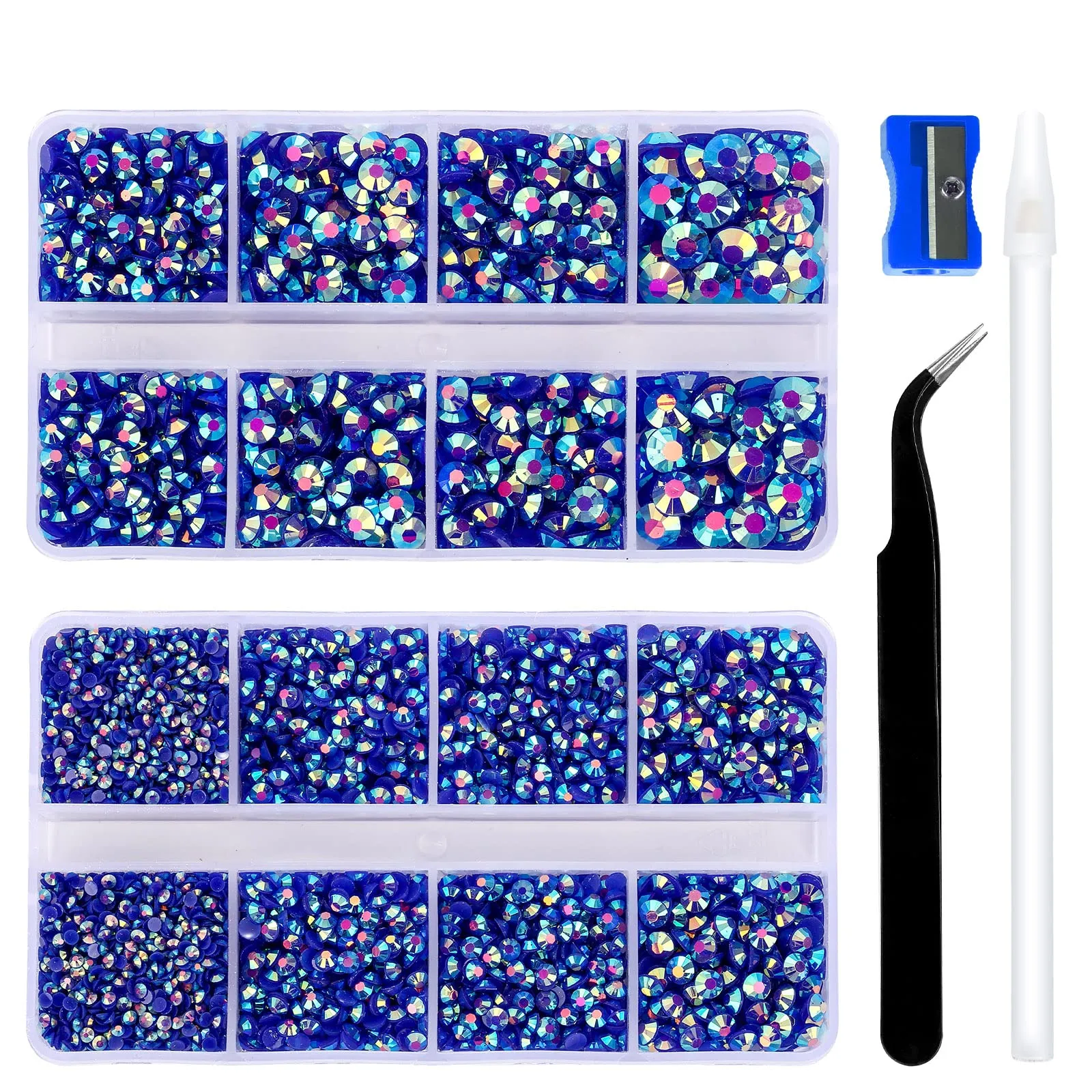 10400PCS Royal Blue AB Resin Flat Back Rhinestones, Round Non-Hotfix Jelly Nail Gems Rhinestone with Tweezer and Picker Pencil for Crafts Tumblers Nail Art & DIY Decoration