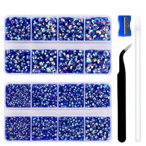 10400PCS Royal Blue AB Resin Flat Back Rhinestones, Round Non-Hotfix Jelly Nail Gems Rhinestone with Tweezer and Picker Pencil for Crafts Tumblers Nail Art & DIY Decoration