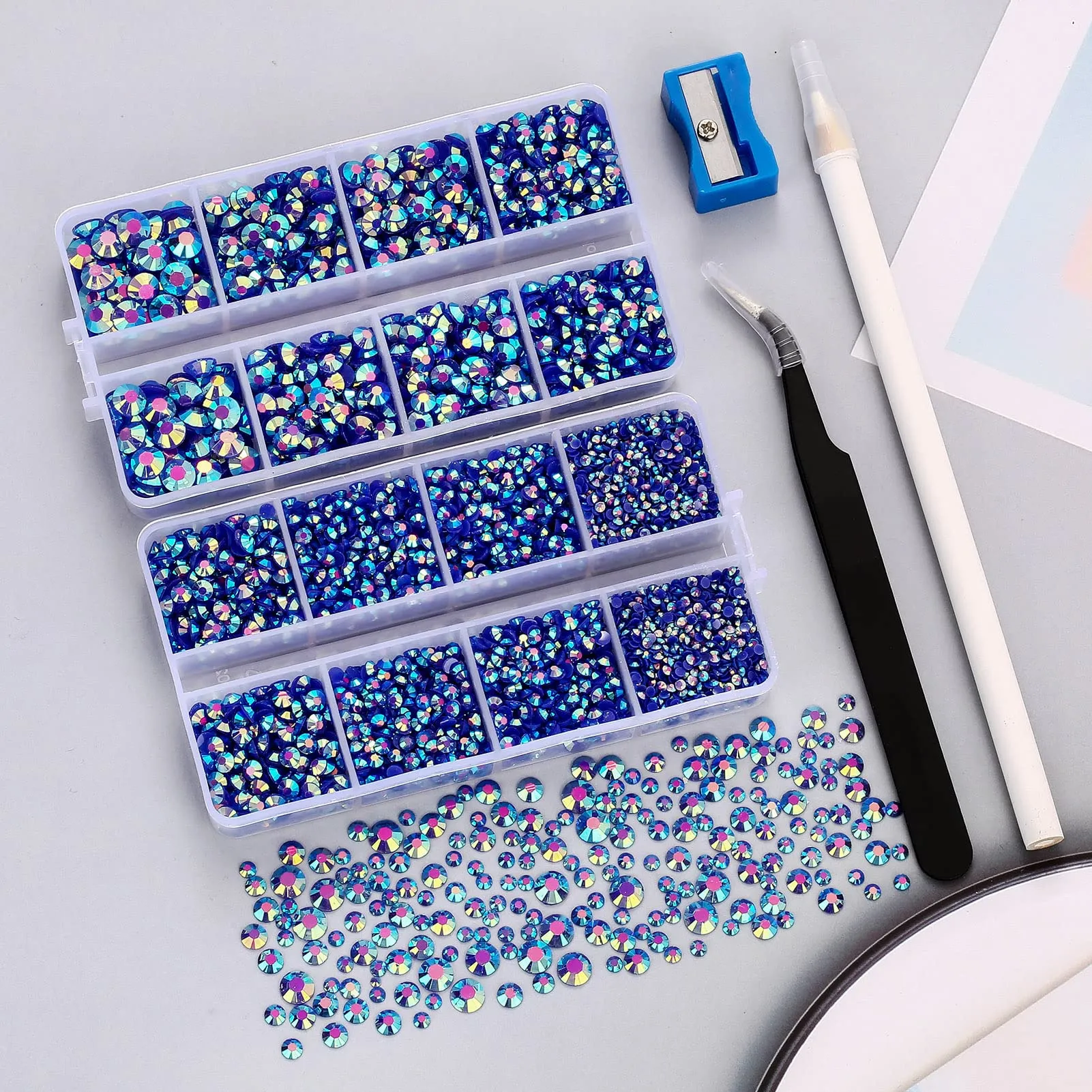 10400PCS Royal Blue AB Resin Flat Back Rhinestones, Round Non-Hotfix Jelly Nail Gems Rhinestone with Tweezer and Picker Pencil for Crafts Tumblers Nail Art & DIY Decoration