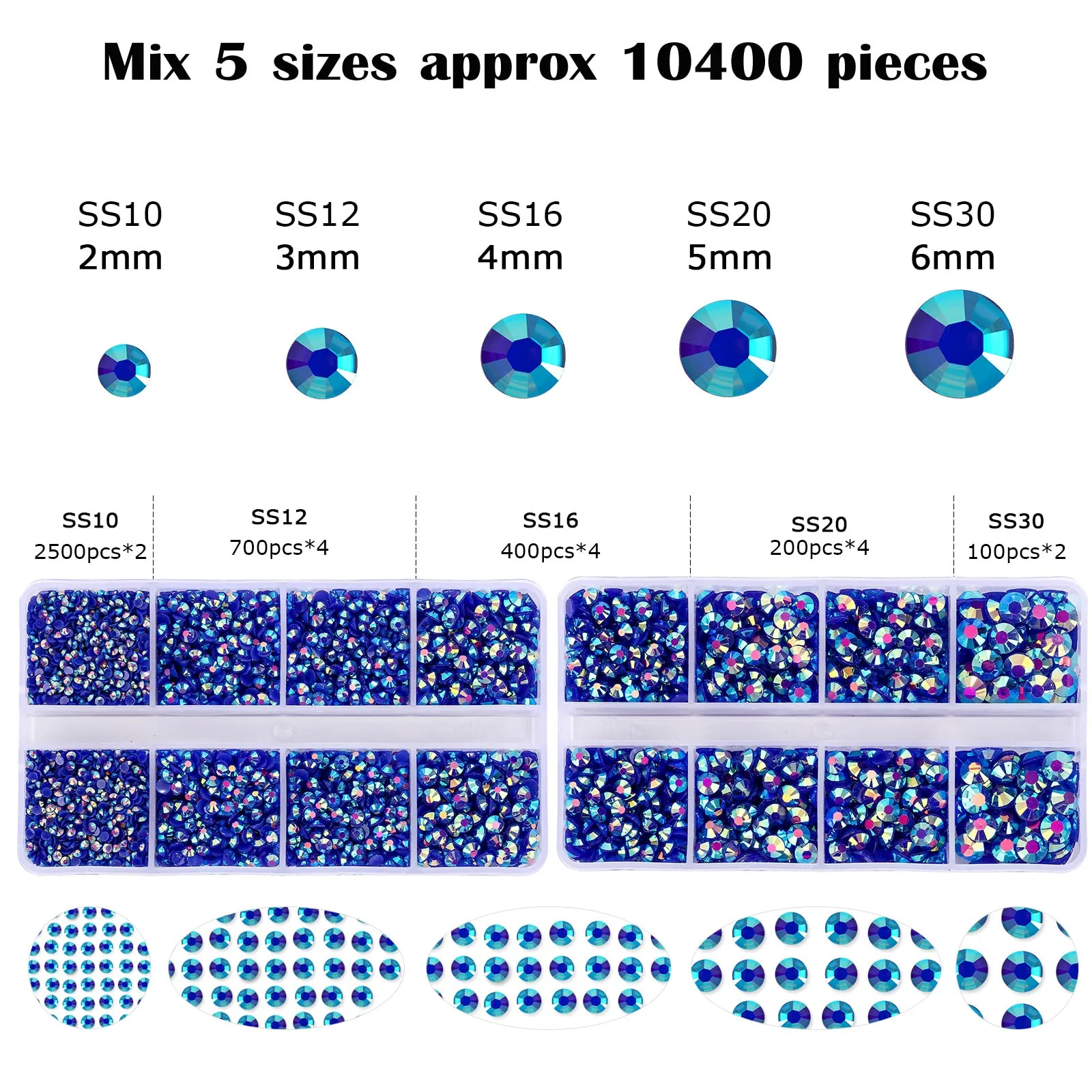 10400PCS Royal Blue AB Resin Flat Back Rhinestones, Round Non-Hotfix Jelly Nail Gems Rhinestone with Tweezer and Picker Pencil for Crafts Tumblers Nail Art & DIY Decoration