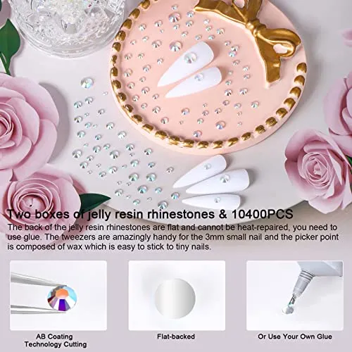 10400PCS Transparents Rhinestones, Jelly Resin Rhinestones for Nails, Flatback Non Hotfix Crystals DIY Rhinestones for Crafts with 15 cm Pencil Sharpener and Tweezer & Picker Pen (Transparents AB)