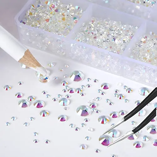 10400PCS Transparents Rhinestones, Jelly Resin Rhinestones for Nails, Flatback Non Hotfix Crystals DIY Rhinestones for Crafts with 15 cm Pencil Sharpener and Tweezer & Picker Pen (Transparents AB)