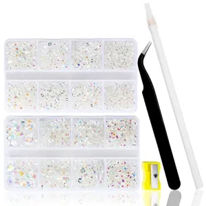 10400PCS Transparents Rhinestones, Jelly Resin Rhinestones for Nails, Flatback Non Hotfix Crystals DIY Rhinestones for Crafts with 15 cm Pencil Sharpener and Tweezer & Picker Pen (Transparents AB)