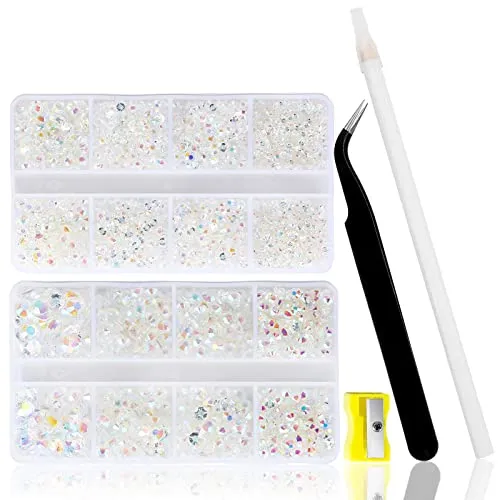 10400PCS Transparents Rhinestones, Jelly Resin Rhinestones for Nails, Flatback Non Hotfix Crystals DIY Rhinestones for Crafts with 15 cm Pencil Sharpener and Tweezer & Picker Pen (Transparents AB)