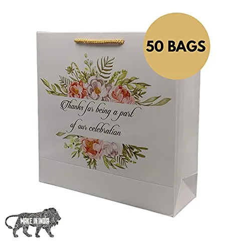 Arrow Paper Products Green Floral Thank You Big Paper Gift Bags for Baby Shower Return Gift, Small Presents, Weddings, Birthday, Holiday Presents, Pack of 50 (9x9x3inches)