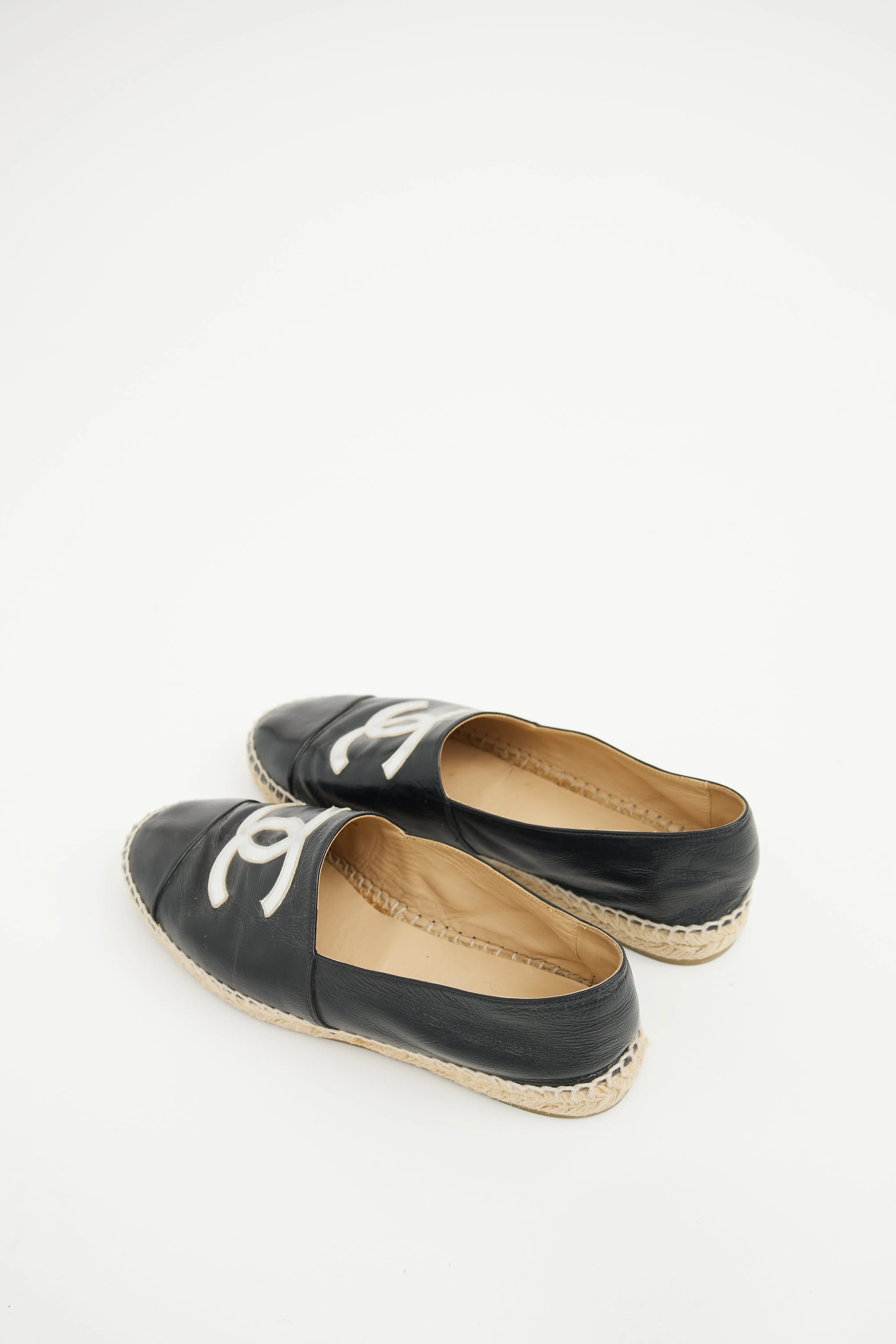 Black & Silver Leather CC Logo Espadrille