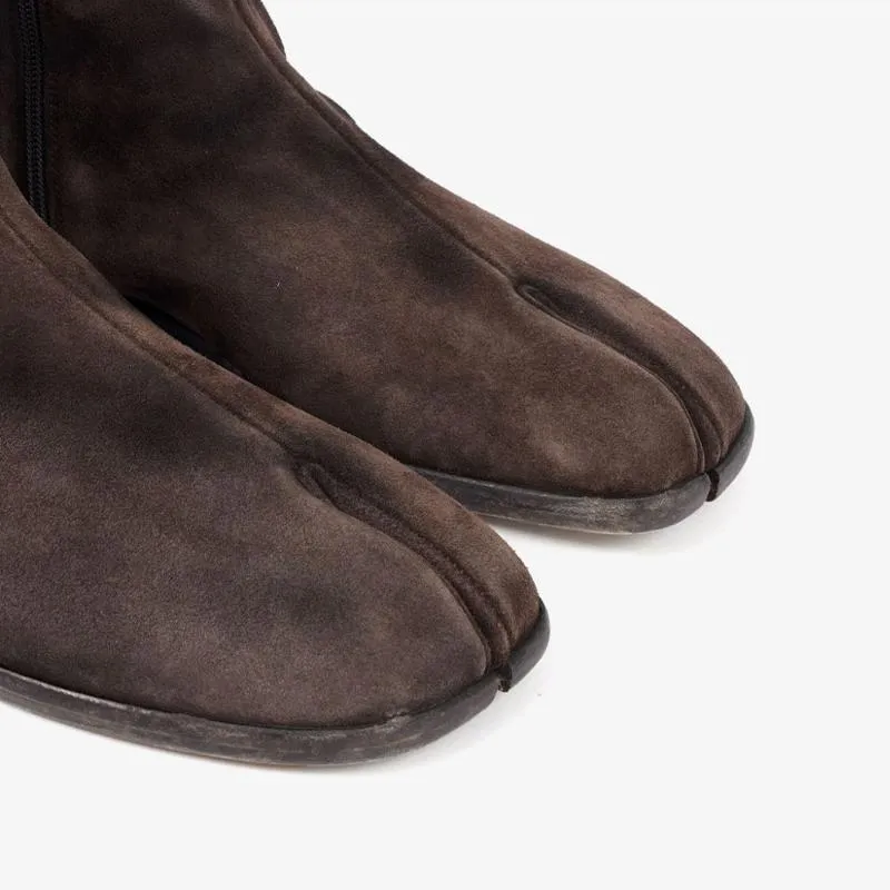 Brown Split-Toe Suede Flat Boots
