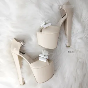 Cream Ribbon Transparent Strap Bridal Shoes