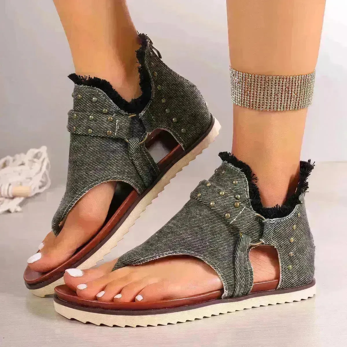 Denim Thong Sandals With Rear Zipper Summer Retro Beach Flat Sandals Shoes For Women
