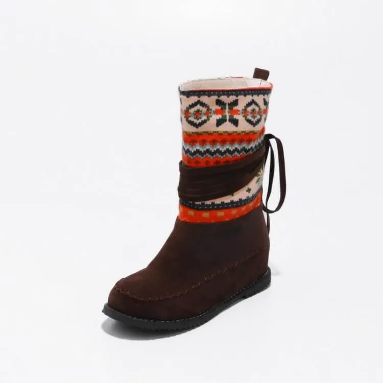 Flat Suede Round Toe Ethnic Trend Calf Boots
