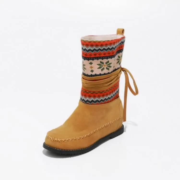 Flat Suede Round Toe Ethnic Trend Calf Boots
