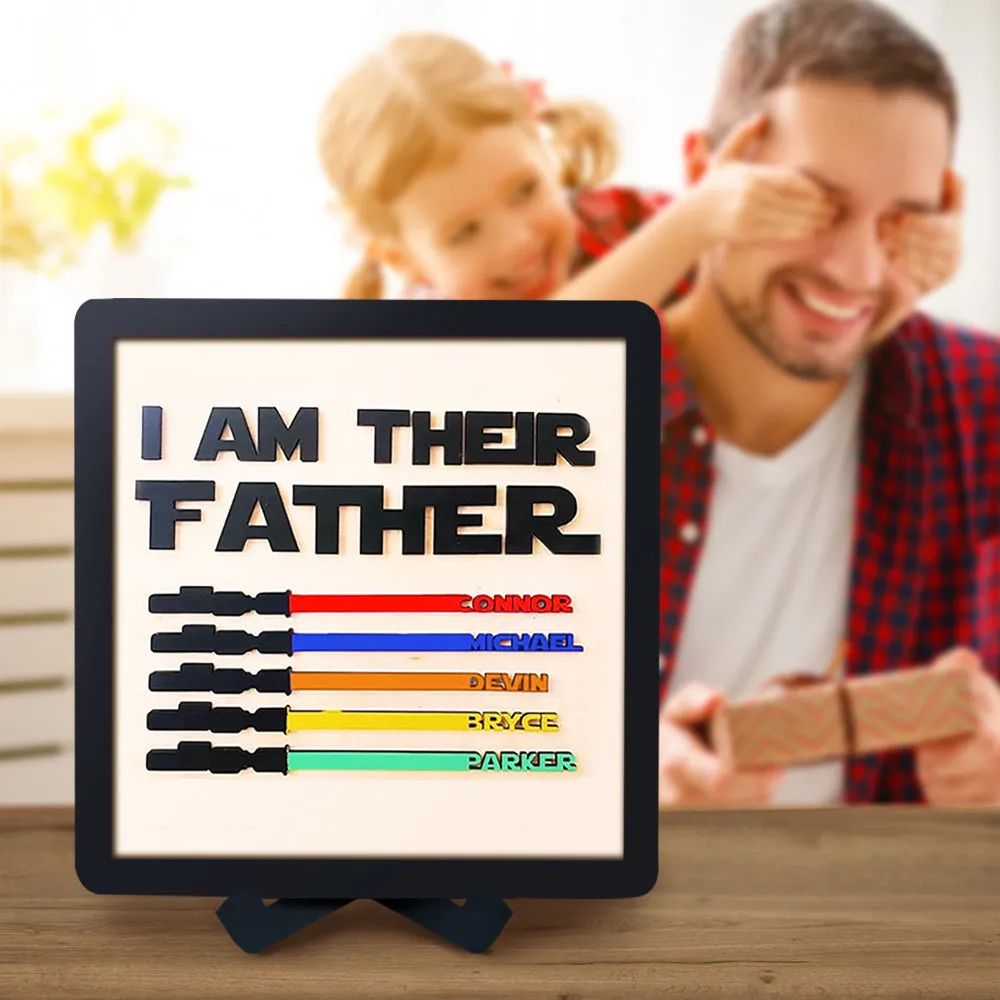 Gift For Dad Personalised Color Light Saber I Am Their Father Wooden Sign