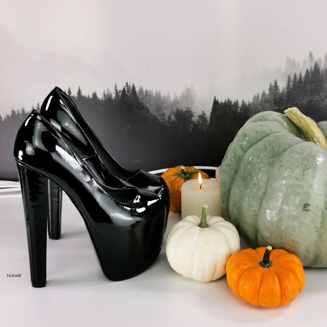 Gloss Black Chunky Heel Fishmouth Shoes