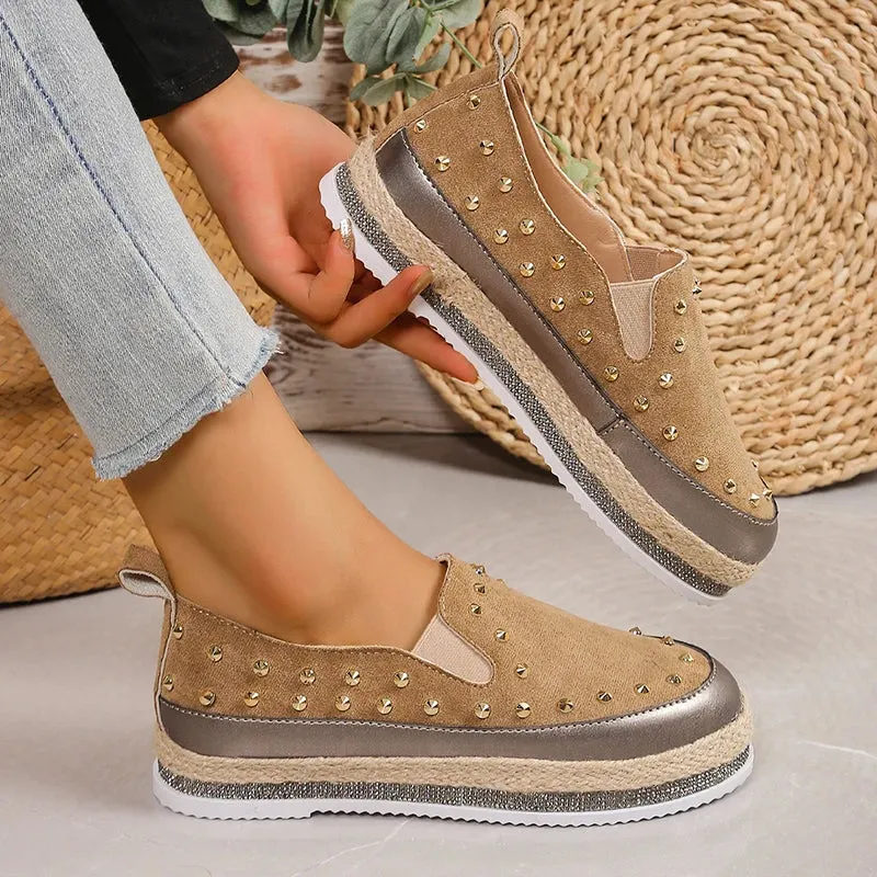 Hnzxzm Vintage Rivet Platform Sneakers for Women Autumn Thick Bottom Loafers Shoes Female Slip-On Faux Suede Espadrilles Shoes Woman