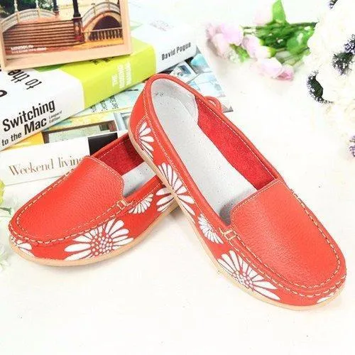 Leather Floral Print Color Match Soft Sole Slip On Flat Loafers