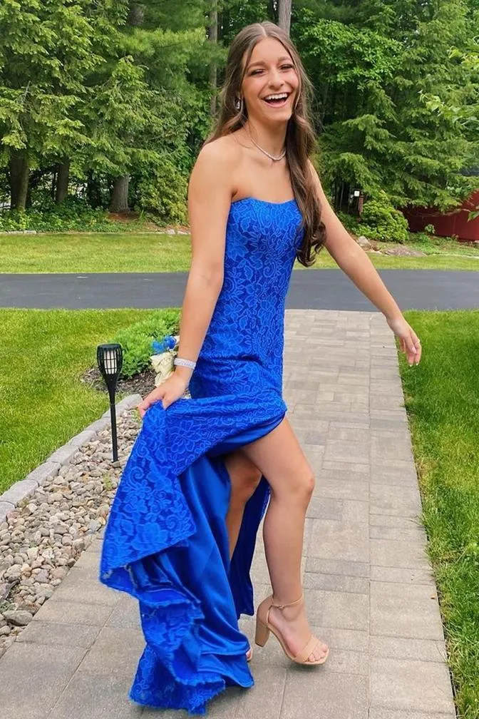 Mermaid Strapless Royal Blue Lace Prom Formal Dress with Split TP1191