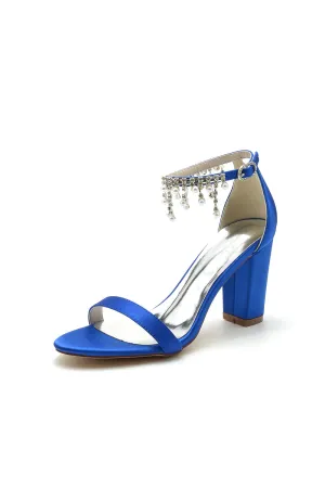 Open Toe Block Heels with Rhinestone Tassel