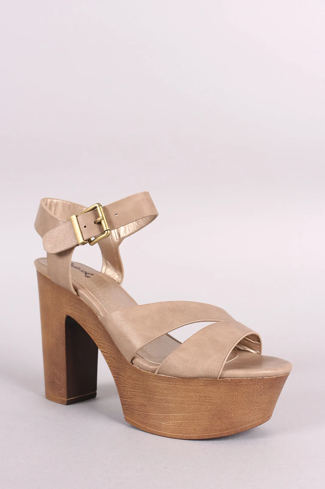 Qupid Open Toe Split Strap Faux Wooden Chunky Platform Heel