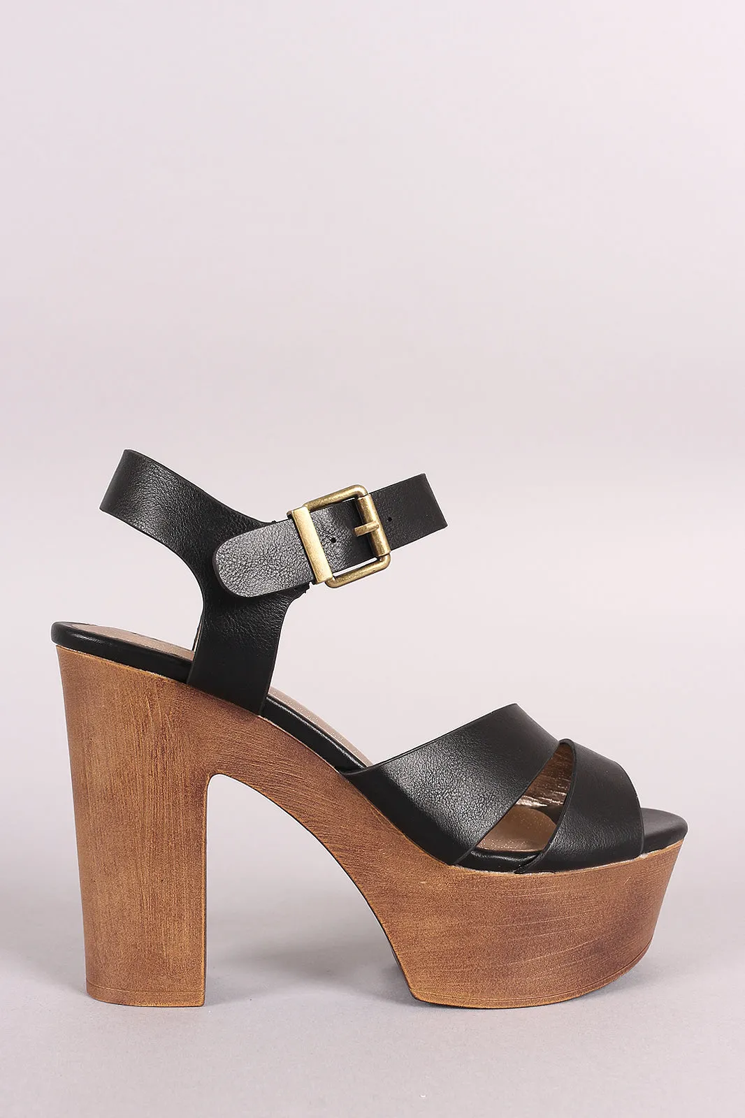 Qupid Open Toe Split Strap Faux Wooden Chunky Platform Heel