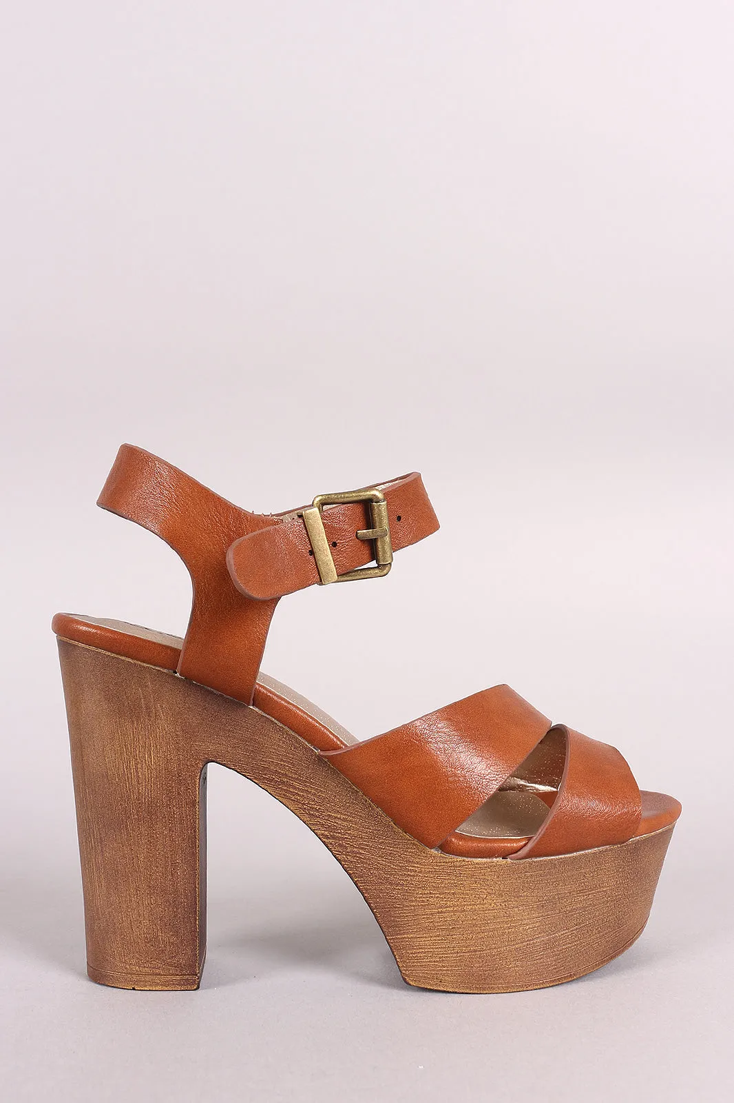 Qupid Open Toe Split Strap Faux Wooden Chunky Platform Heel