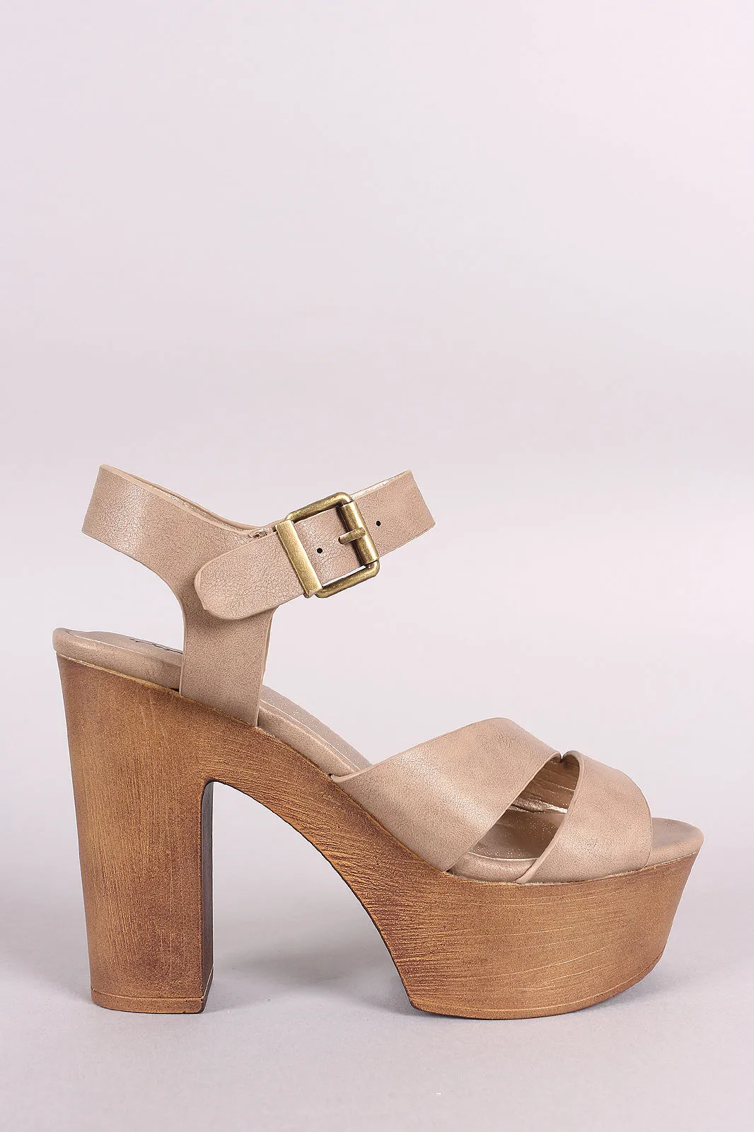 Qupid Open Toe Split Strap Faux Wooden Chunky Platform Heel