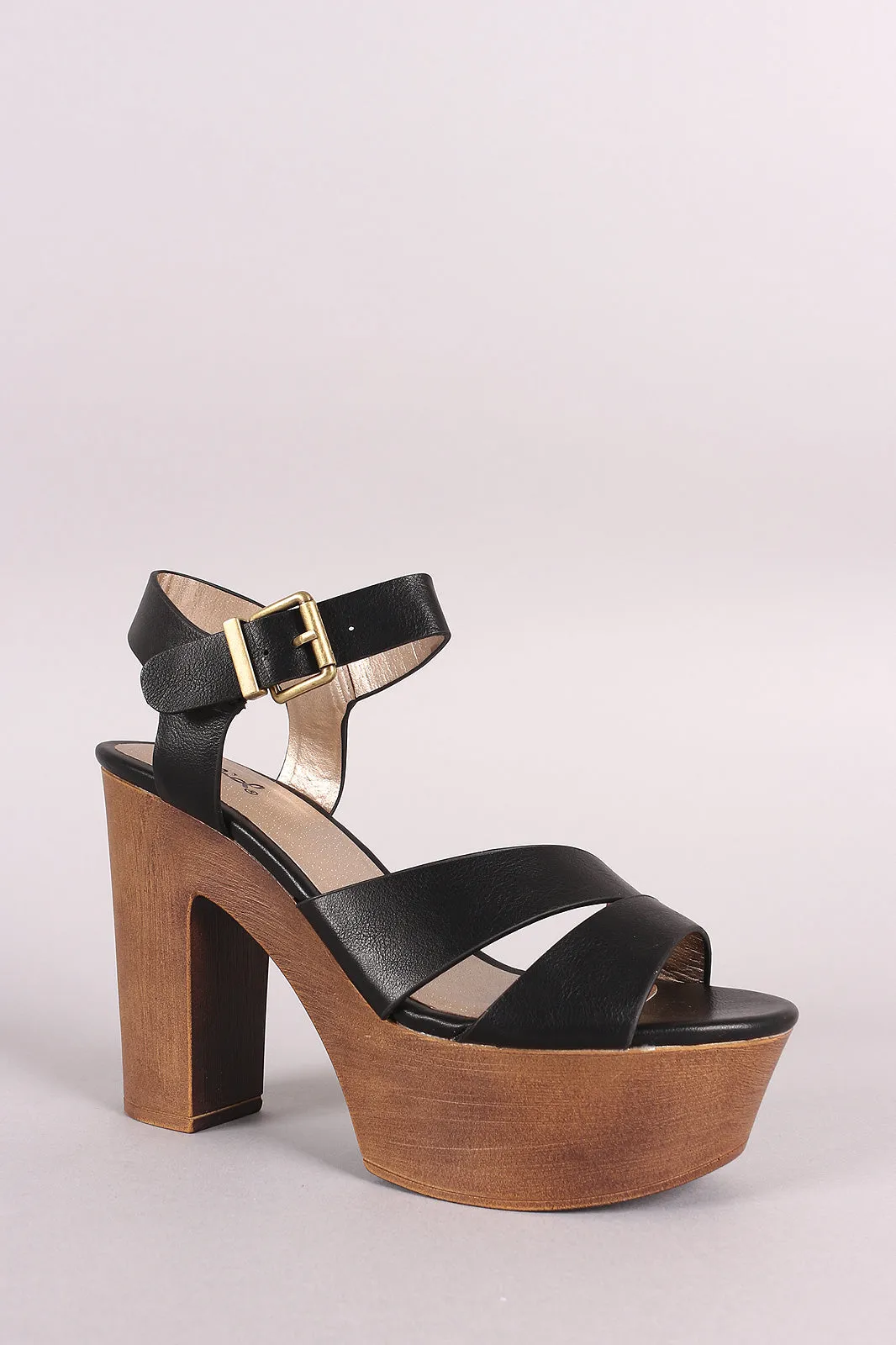 Qupid Open Toe Split Strap Faux Wooden Chunky Platform Heel