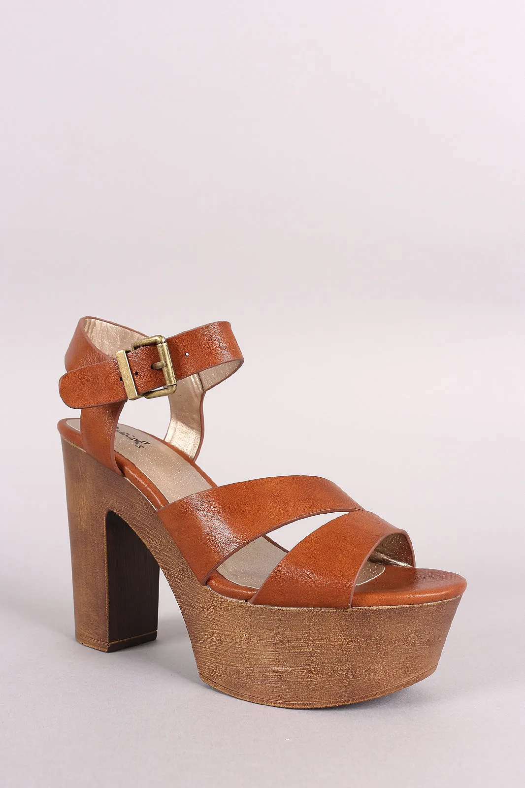 Qupid Open Toe Split Strap Faux Wooden Chunky Platform Heel