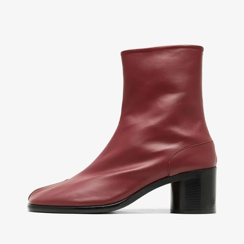 Red Calf Leather Split-Toe Ankle Boots