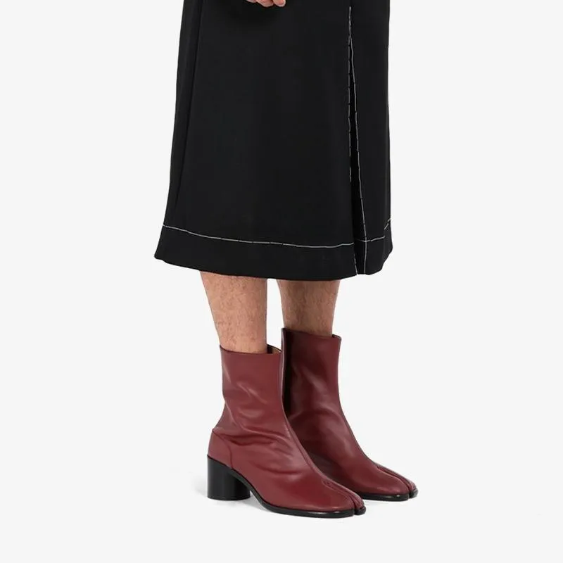 Red Calf Leather Split-Toe Ankle Boots