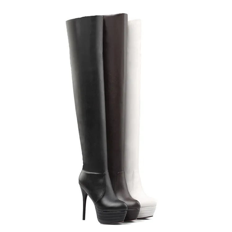 Round Head Leather Face Solid Color Large Winter Over Knee Boots