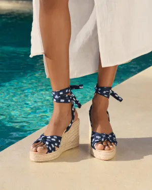 Silk Wedge Espadrilles With Knot - H48WS - Monaco Navy Blue Pois