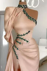 Slit Beading Chiffon Long Prom Dress One Shoulder, Long Sleeve On One Side AO0411