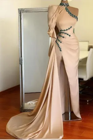 Slit Beading Chiffon Long Prom Dress One Shoulder, Long Sleeve On One Side AO0411