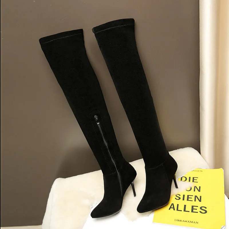 Suede Autumn And Winter High Heel Elastic Over Knee Boots