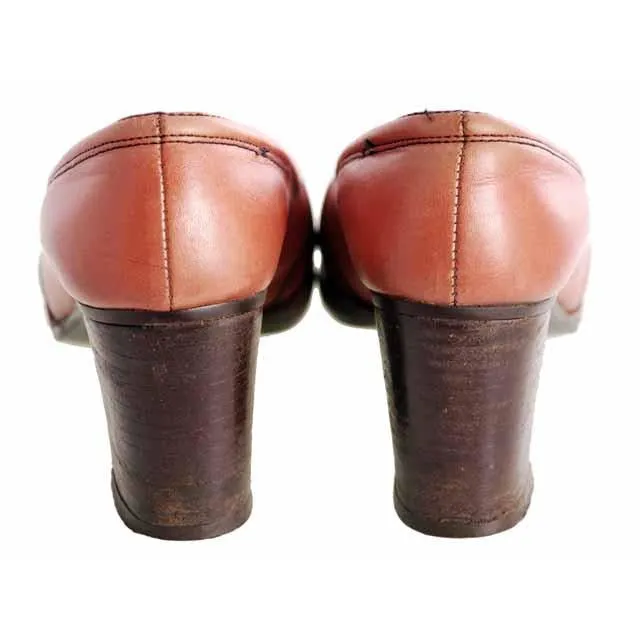 Vintage Burnt Orange Leather Heels Chunky Shoes 1970s Womens 6.5