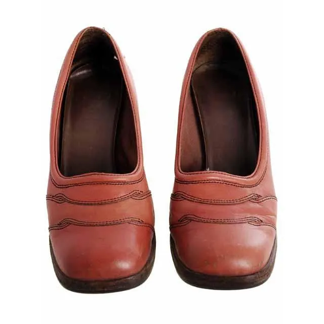 Vintage Burnt Orange Leather Heels Chunky Shoes 1970s Womens 6.5