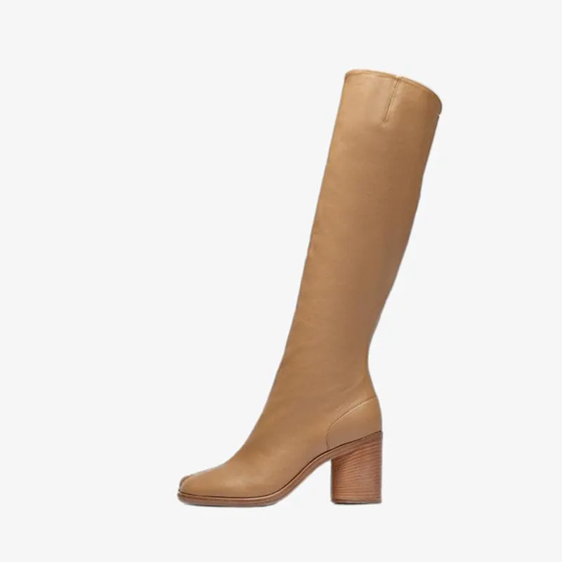 Vintage Soft Leather Split-Toe Knee-High Boots