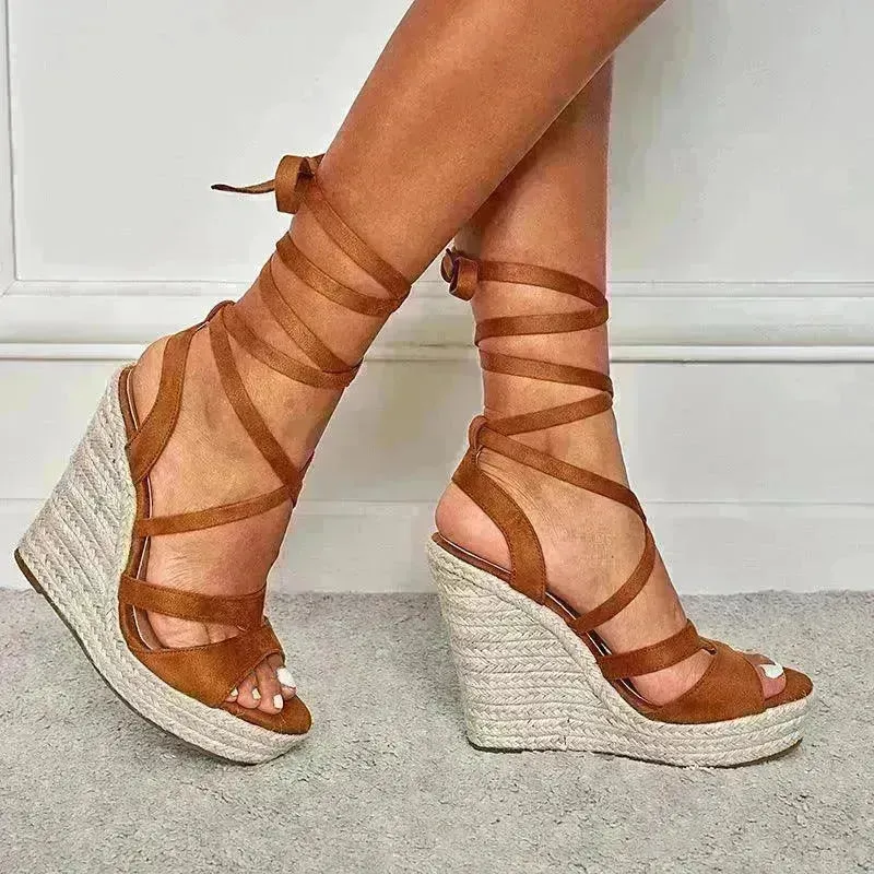Women's Fashion Foam Bottom Heightening Cross Strappy Rope Tie Wedge Sandals