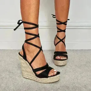 Women's Fashion Foam Bottom Heightening Cross Strappy Rope Tie Wedge Sandals